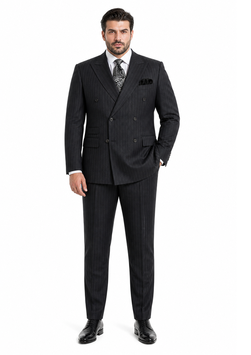 Double Breasted Suits - Vested Suits Wool Fabric - Apolo King Brand - Gray Stripe Suit