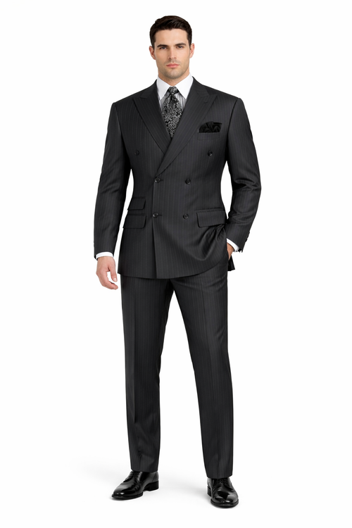 Double Breasted Suits - Vested Suits Wool Fabric - Apolo King Brand - Gray Stripe Suit