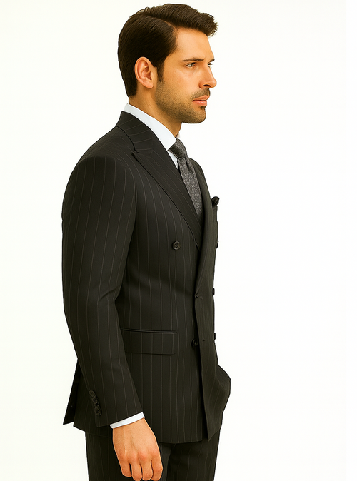 Double Breasted Suits - Vested Suits Wool Fabric - Apolo King Brand - Gray Stripe Suit