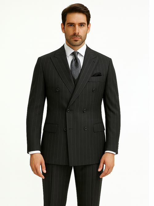Double Breasted Suits - Vested Suits Wool Fabric - Apolo King Brand - Gray Stripe Suit