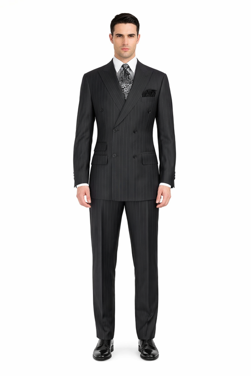 Double Breasted Suits - Vested Suits Wool Fabric - Apolo King Brand - Gray Stripe Suit