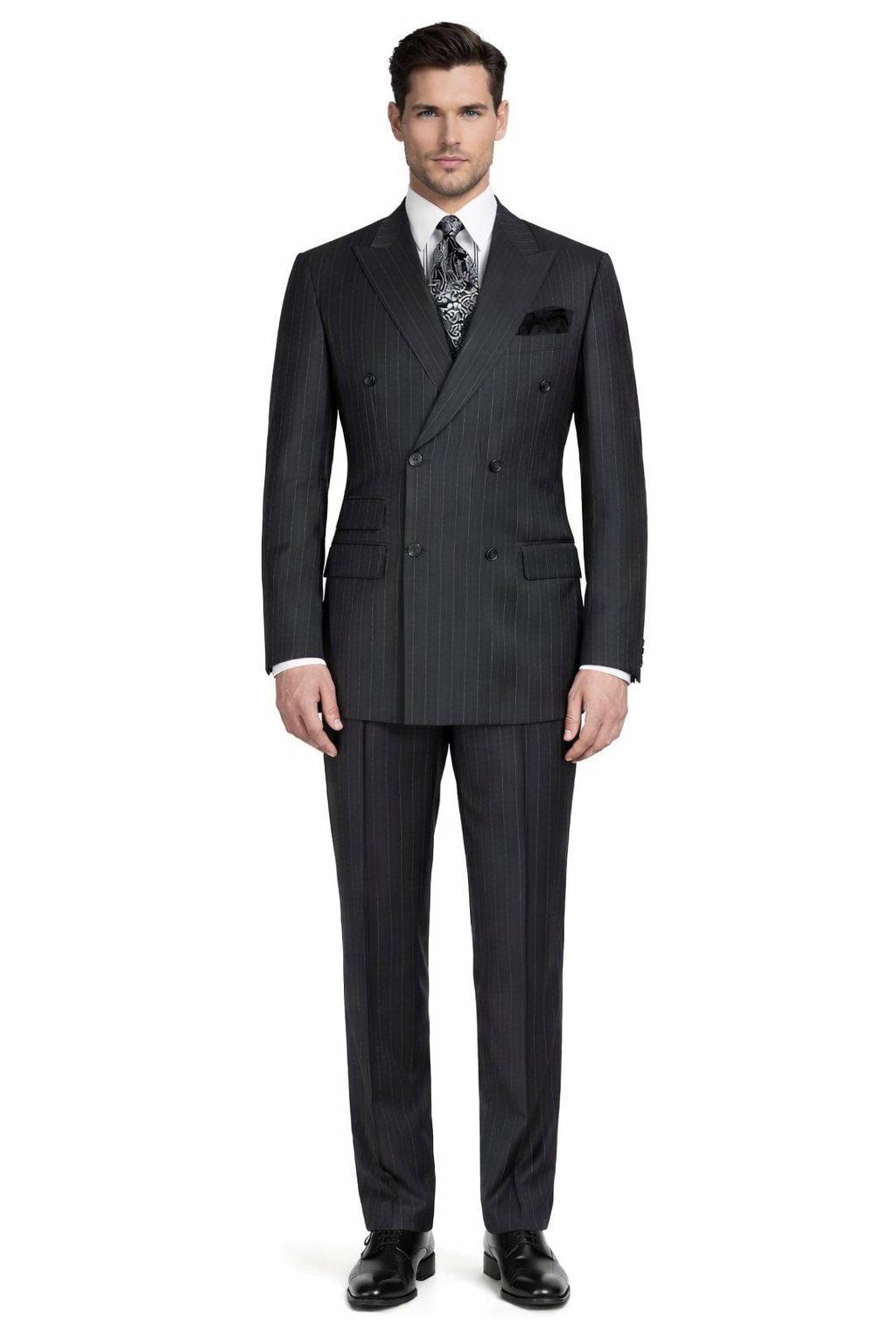 Double Breasted Suits - Vested Suits Wool Fabric - Apolo King Brand - Gray Stripe Suit