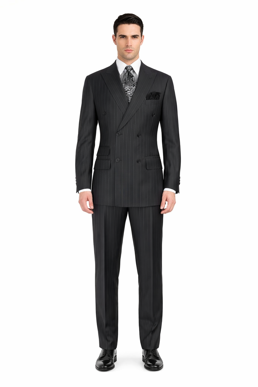 Double Breasted Suits - Vested Suits Wool Fabric - Apolo King Brand - Gray Stripe Suit