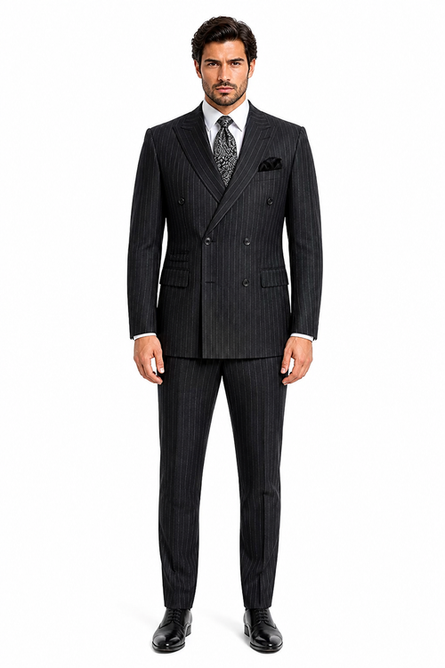 Double Breasted Suits - Vested Suits Wool Fabric - Apolo King Brand - Gray Stripe Suit