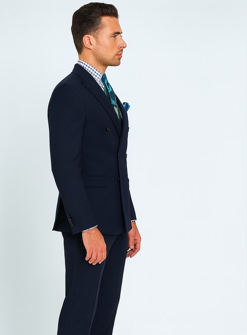 Double Breasted Suits - Vested Suits Wool Fabric - Apolo King Brand - Navy Suit