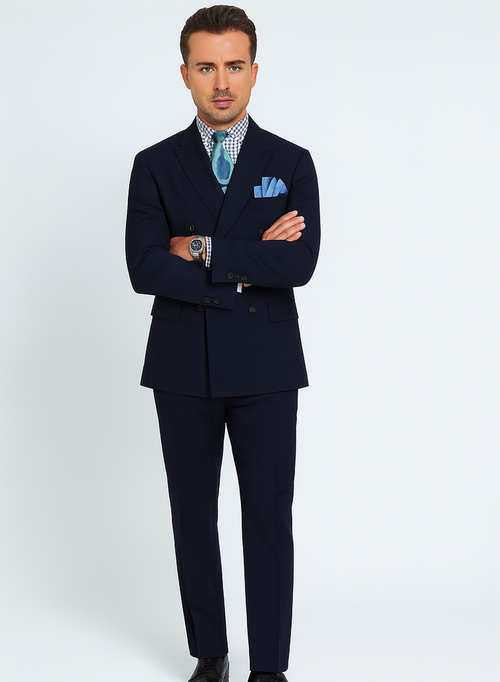 Double Breasted Suits - Vested Suits Wool Fabric - Apolo King Brand - Navy Suit