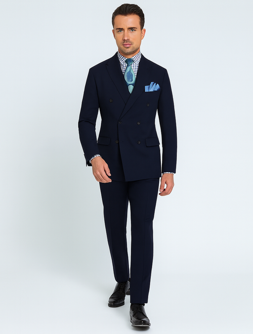 Double Breasted Suits - Vested Suits Wool Fabric - Apolo King Brand - Navy Suit