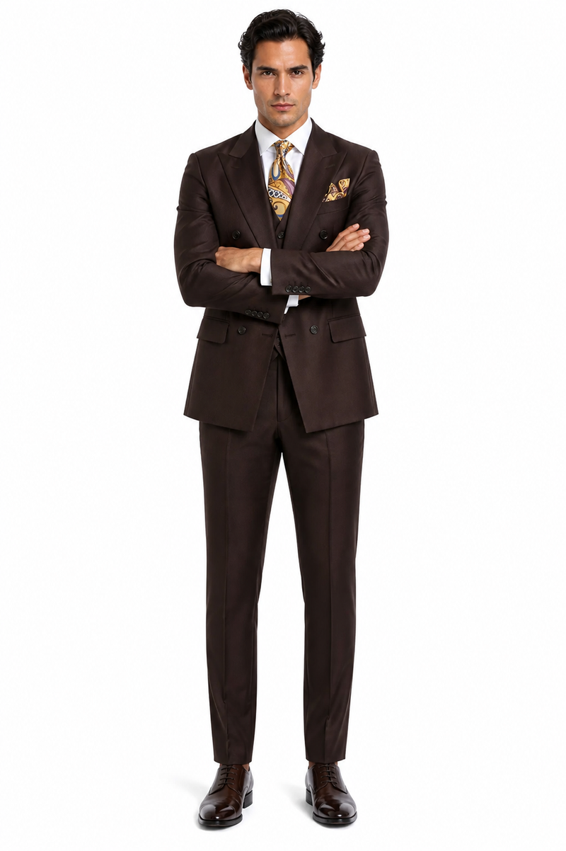 Double Breasted Suits - Vested Suits Wool Fabric - Apolo King Brand - Solid Brown Suit