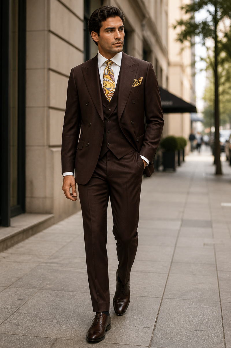 Double Breasted Suits - Vested Suits Wool Fabric - Apolo King Brand - Solid Brown Suit