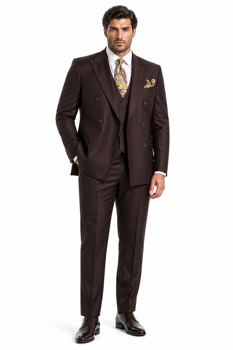 Double Breasted Suits - Vested Suits Wool Fabric - Apolo King Brand - Solid Brown Suit