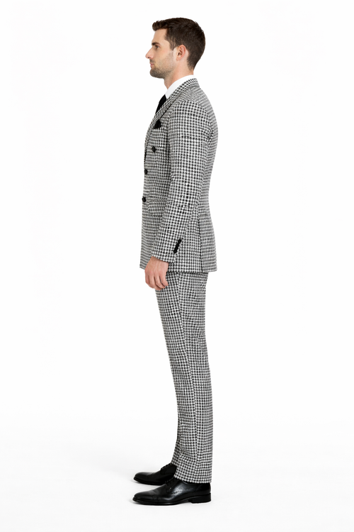 Double Breasted Suits - Vested Suits Wool Fabric - Black Houndstooth Suit