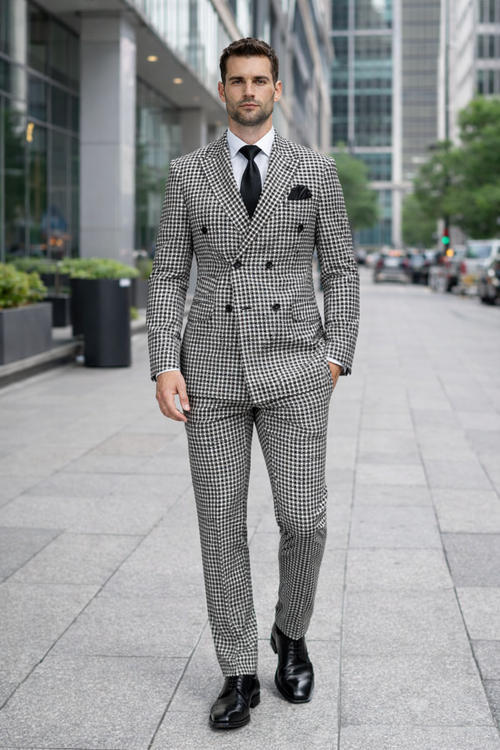 Double Breasted Suits - Vested Suits Wool Fabric - Black Houndstooth Suit