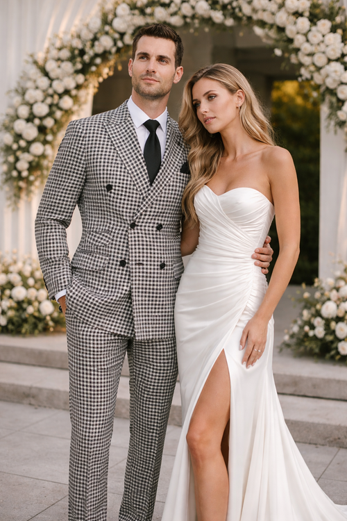 Double Breasted Suits - Vested Suits Wool Fabric - Black Houndstooth Suit