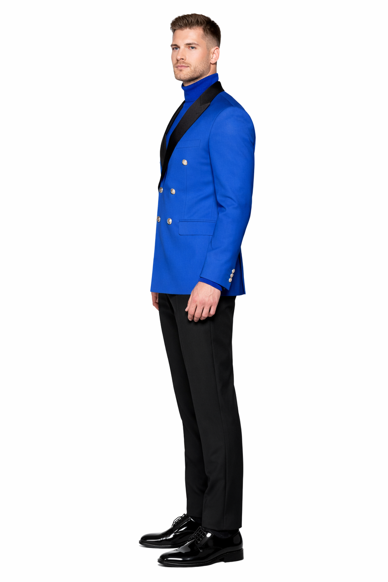 Double Breasted Tuxedo With Gold Buttons Black Lapel perfect for Wedding or Prom Royal Blue