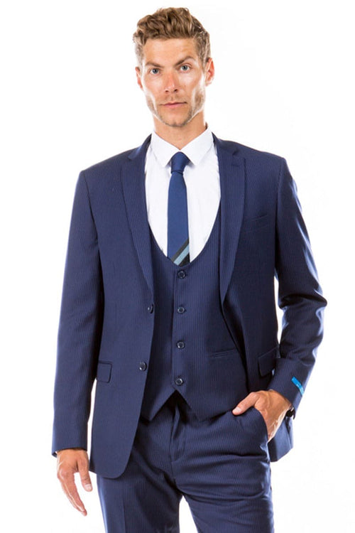 Mens Blue Pinstripe Suit Two Button Vested Hybrid Fit Micro Mini Pinstripe Business Suit In Navy Blue