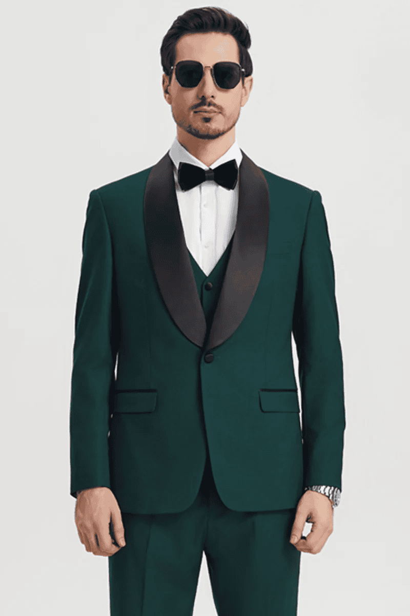 Men's Stacy Adams Vested One Button Shawl Lapel Designer Tuxedo in Hunter Green