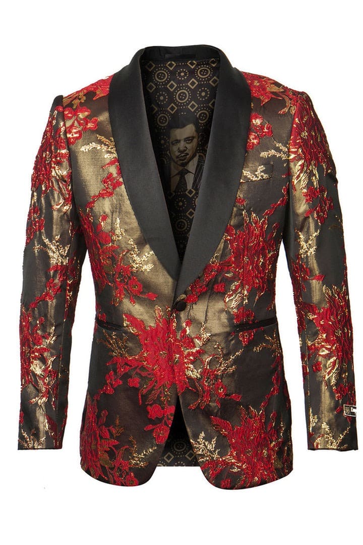 Black and Red Suit Men's Shiny Satin Paisley Prom Tuxedo Jacket in Red & Gold