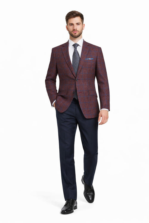 Sacos Para Hombre - Sacos Vaqueros Mens Slim Fit Two Button Wool Sport Coat Blazer in Burgundy & Blue Windowpane Plaid