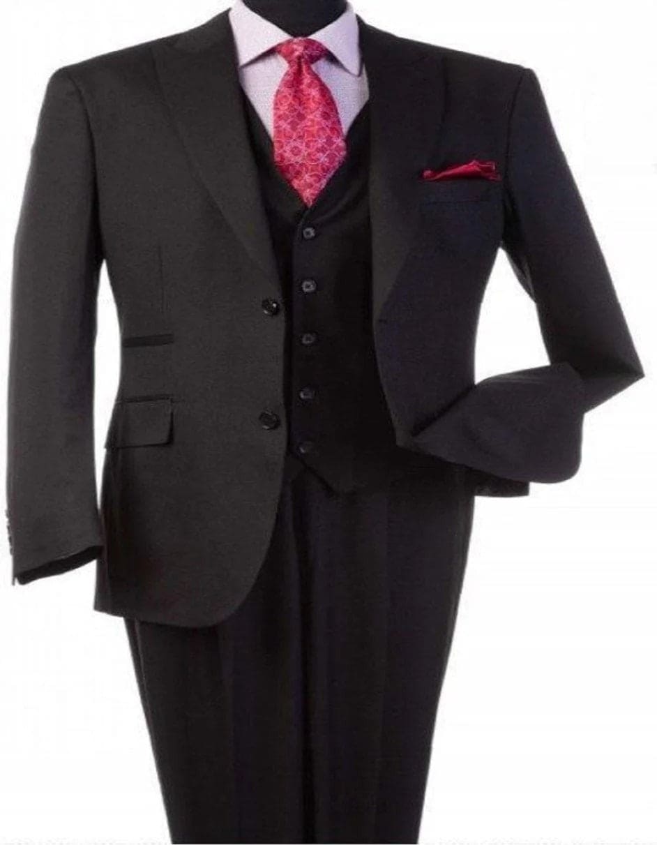 Men's Charcoal Gray Pindot Slim Fit 3 Piece Vested Suit Flat Front Pants - Color: Dark Grey Suit main image 1