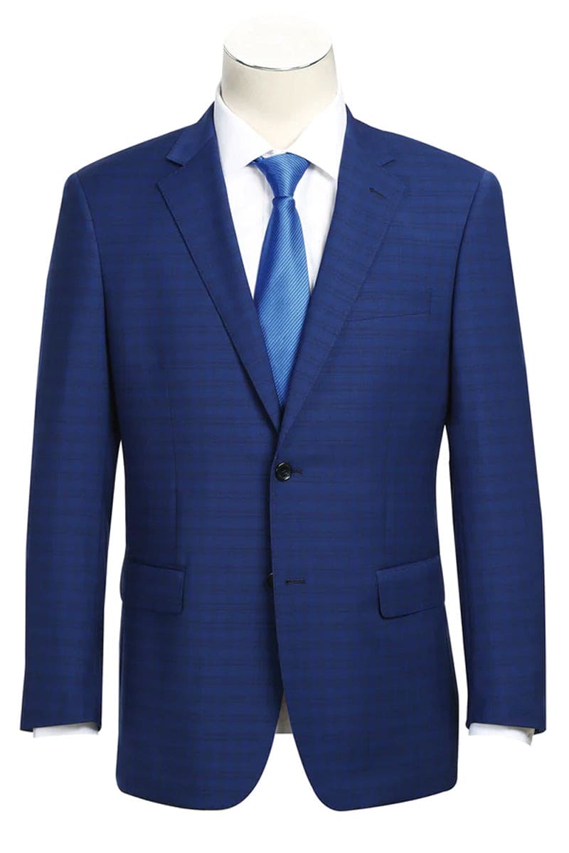 Mens Navy Plaid Suit Classic Fit Two Button Wool Suit In Dark Blue Windowpane Plaid Check