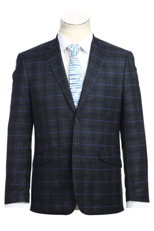 Mens Navy Plaid Suit Slim Fit Two Button Suit In Dark Blue Wide Windowpane Plaid