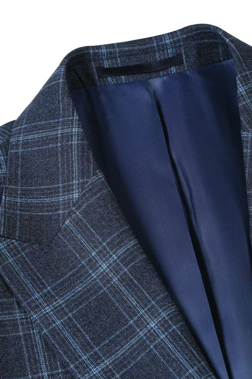 Mens Navy Plaid Suit Two Button Slim Fit Two Piece Summer Suit In Navy Windowpane Plaid