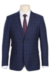 Mens Navy Plaid Suit Designer Two Button Slim Fit Peak Lapel Suit In Navy Blue Overcheck Plaid