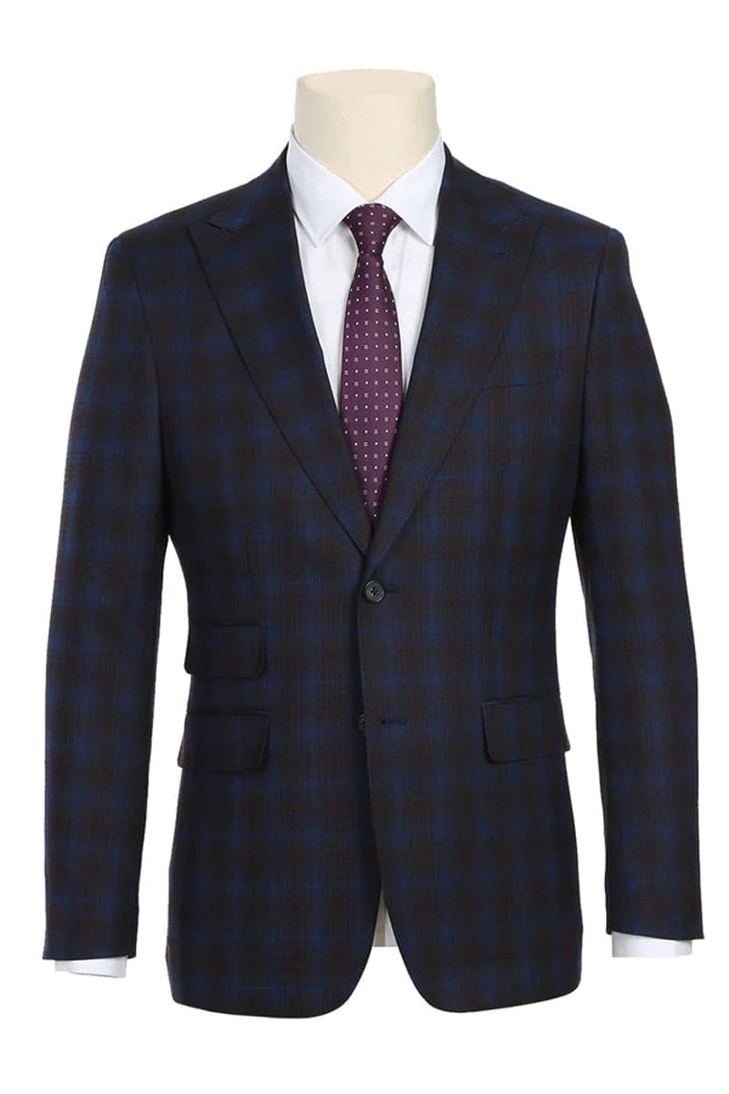 Mens Navy Plaid Suit Designer Two Button Slim Fit Peak Lapel Suit In Navy Blue & Burgundy Windowpane Plaid Check
