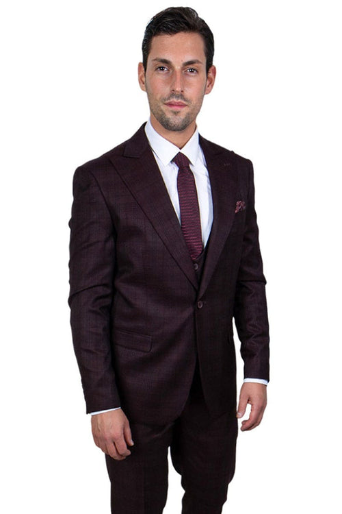 Mens Burgundy Plaid Suit Stacy Adams One Button Vested Peak Lapel Glen Plaid Suit In Burgundy