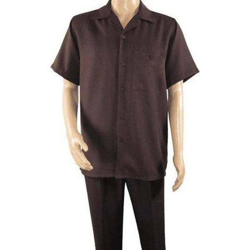 Alberto Nardoni men's brown walking suit. Short-sleeved collared shirt with breast pocket and button closure, paired with straight-leg trousers. Smooth, solid dark brown material. Untailored design.
