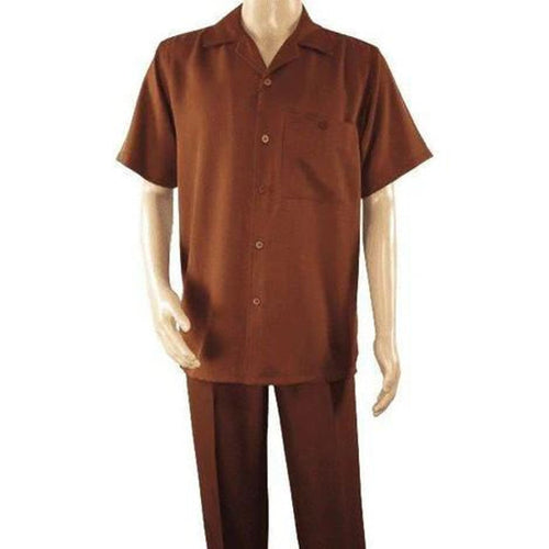 Alberto Nardoni men's cognac walking suit: short-sleeve collared shirt with front pocket & matching straight-leg trousers. Solid cognac color, smooth woven fabric, relaxed fit, uniform appearance.