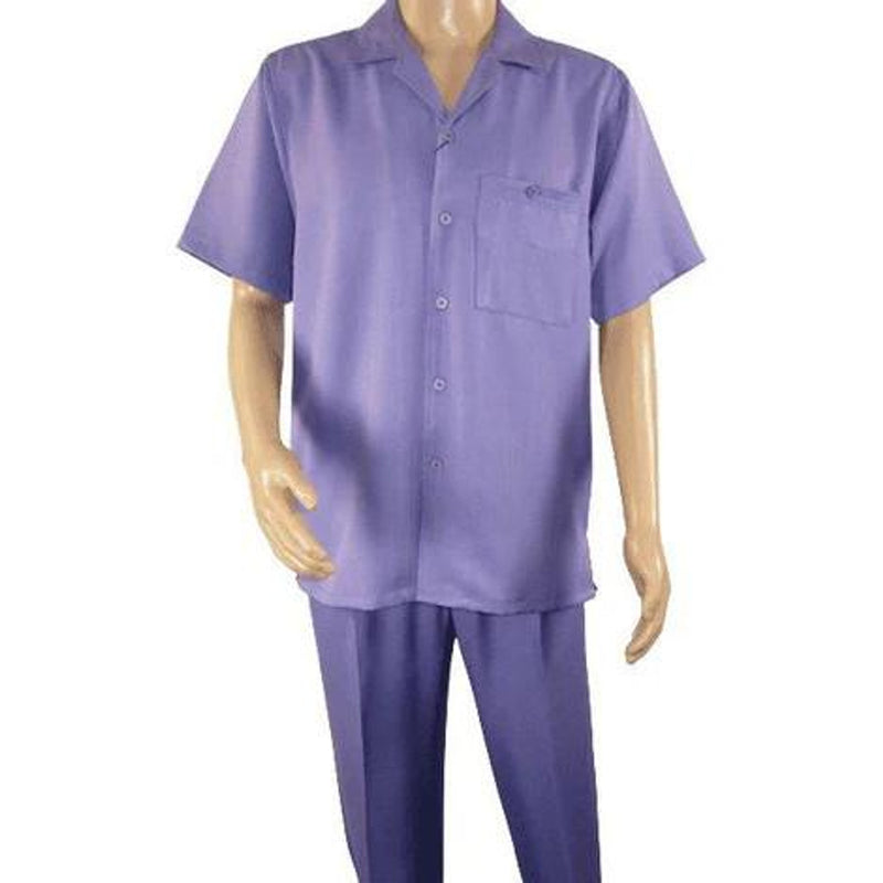 Lavender men's walking suit by Alberto Nardoni. Features a button-up short-sleeve shirt with a patch pocket and matching straight-leg trousers. Smooth, solid lavender fabric, collared shirt.