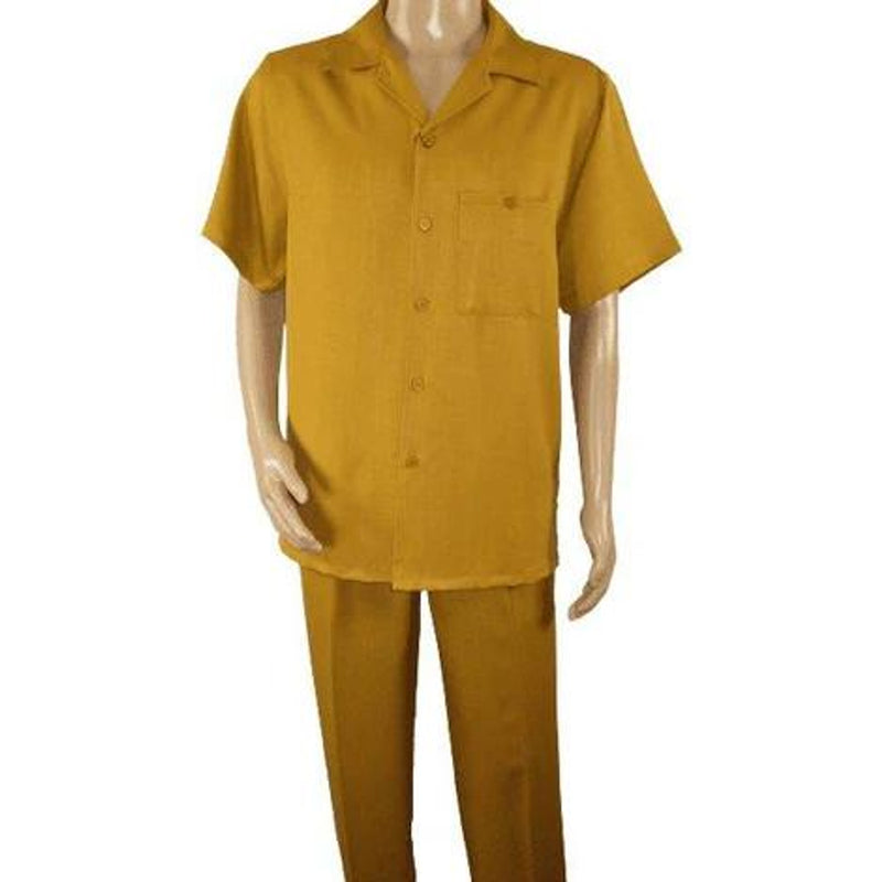 Mustard men's walking suit: short-sleeve button-up shirt with left breast pocket, paired with straight-leg trousers. Relaxed shirt fit, fold-down collar. Lightweight, smooth fabric. Both pieces solid mustard.