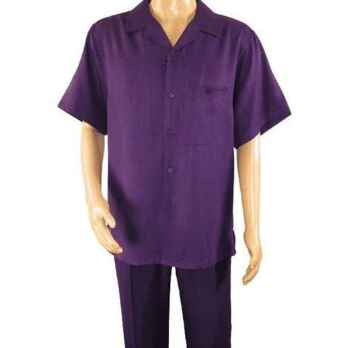 Alberto Nardoni men's purple walking suit. Short sleeve, collared shirt with button-front, chest pocket, and matching straight-leg pants. Lightweight, smooth fabric.
