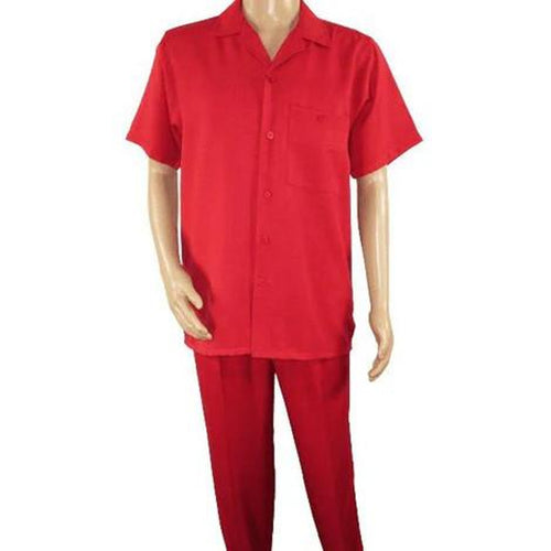 Men's vibrant red walking suit: short-sleeve button-up shirt with collar and chest pocket, paired with matching straight-leg pants. Smooth, lightweight fabric for comfort and easy movement.