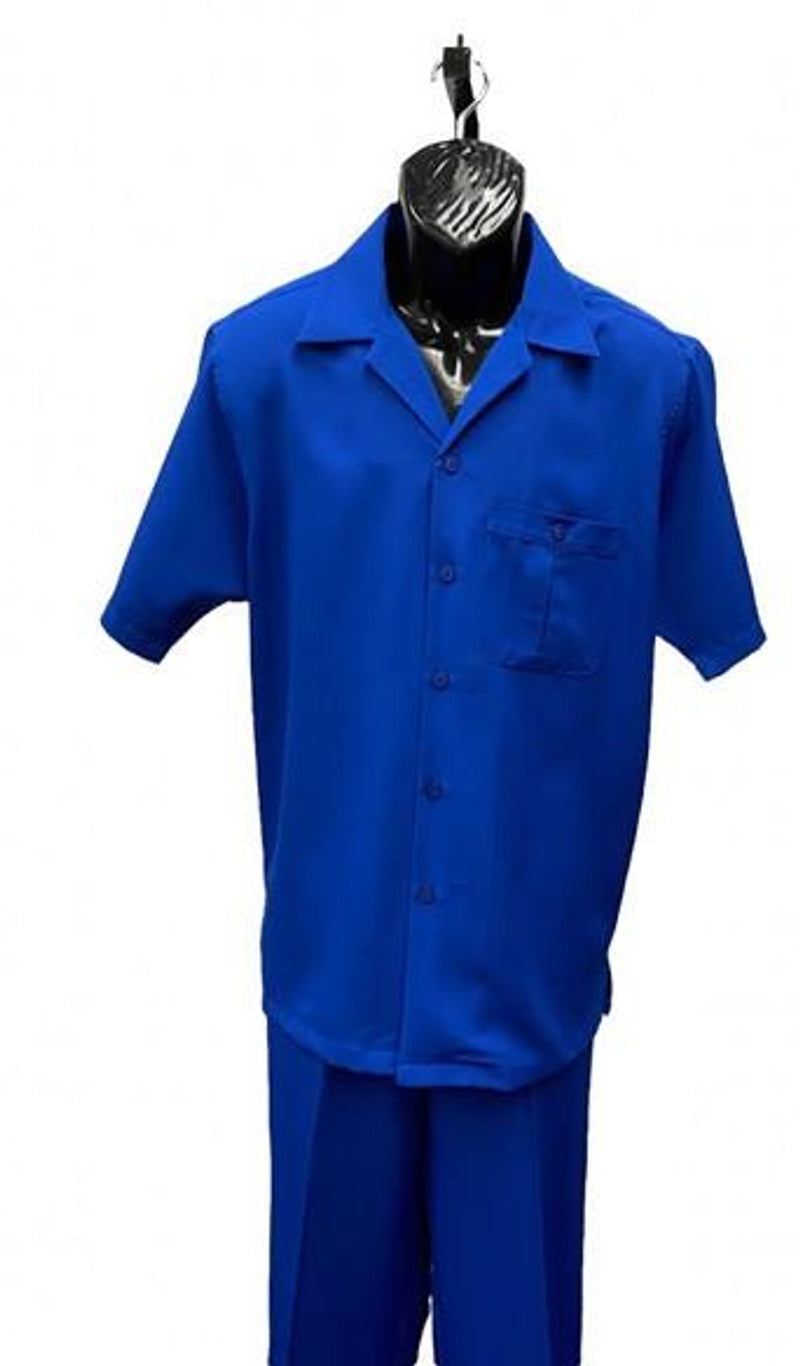 Men's royal blue short sleeve walking suit by Alberto Nardoni. Includes a button-up shirt with a left-side pocket & matching straight-leg shorts. Smooth, consistent royal blue fabric. Classic collar.
