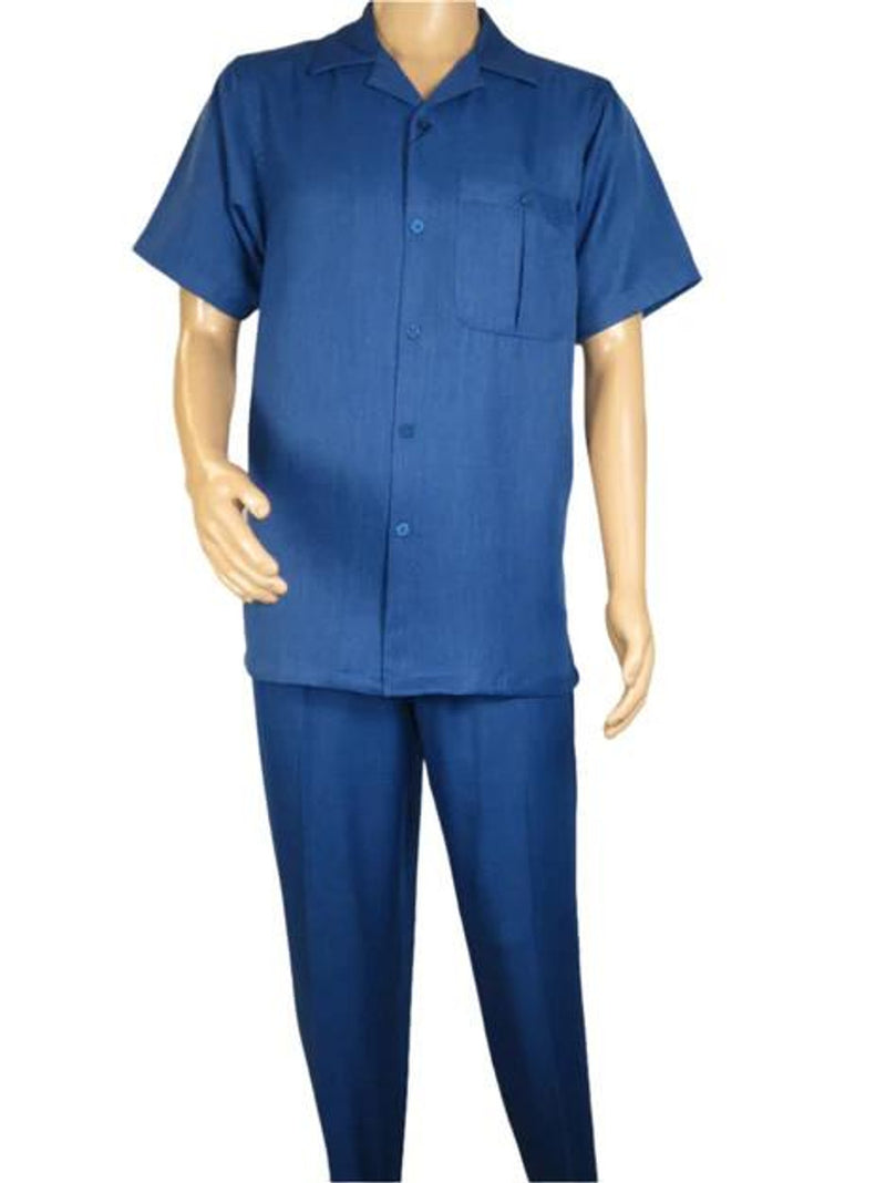 Alberto Nardoni men's sailor blue walking suit. Short-sleeve button-up shirt with collar and chest pocket, matching straight-leg trousers. Lightweight, smooth fabric for a uniform, relaxed fit.