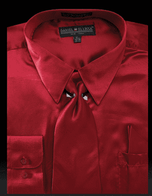 Burgundy Men's Regular Fit Satin Dress Shirt Set with Tie & Pocket Square