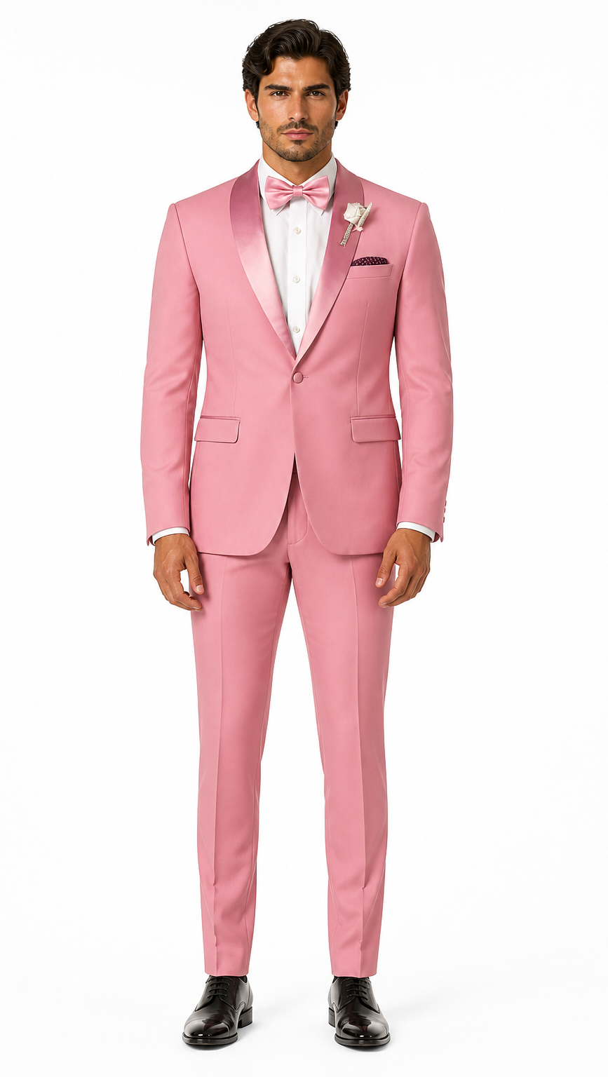 Dusty Rose Pink Tuxedo for Men â€“ One Button Satin Lapel Wedding Prom Suit  with Bow Tie