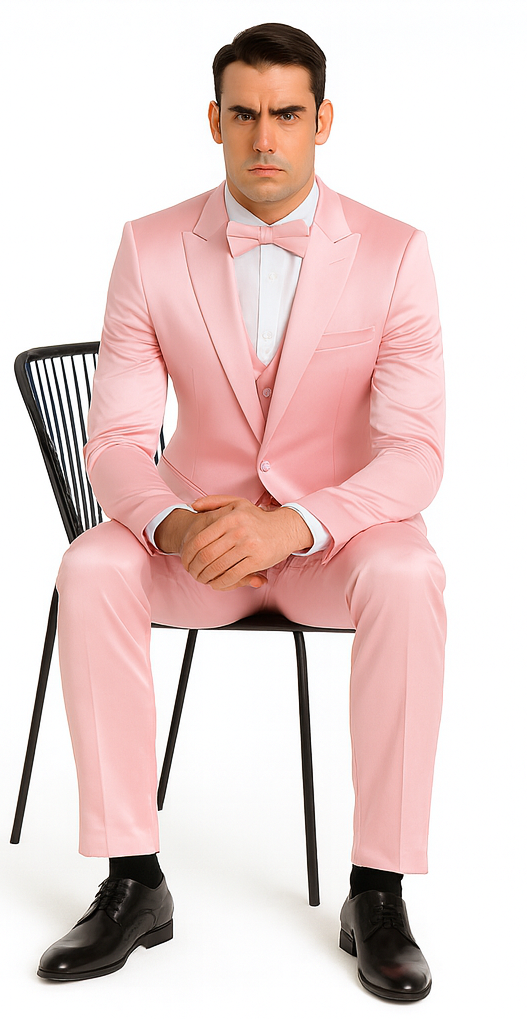 Men's Tazzio dusty rose satin three-piece suit. Slim fit, peak lapel, double-breasted vest. Soft pink, shiny satin. Fitted trousers, structured blazer, buttons, pocket square. Includes white shirt, black shoes.