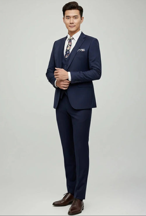 Mens Giovanni Testi Navy 3 Piece Suit – Modern Fit 2 Button Notch Lapel, Side Vents, Flex Waist Trousers
