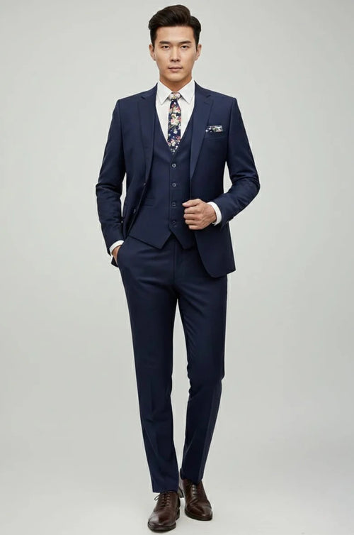 Mens Giovanni Testi Navy 3 Piece Suit – Modern Fit 2 Button Notch Lapel, Side Vents, Flex Waist Trousers