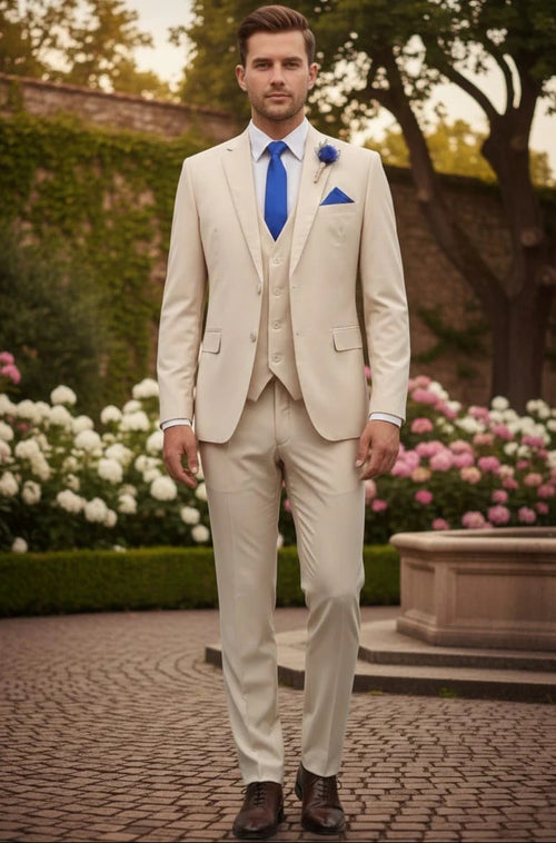 Mens Giovanni Testi Sand 3 Piece Suit – Formal 2 Button Blazer, Vest & Comfort Flex Waist Trousers