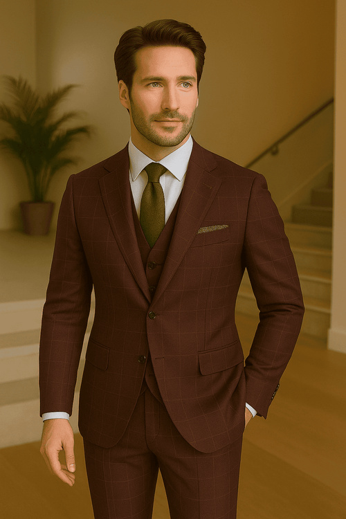 Wool Suit - Italian Made Business Suit by Statement Men's 3 Piece 100% Wool Modern Fit Suit - V-Neck Double Breasted Vest