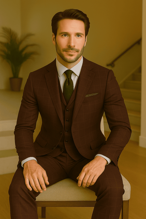 Wool Suit - Italian Made Business Suit by Statement Men's 3 Piece 100% Wool Modern Fit Suit - V-Neck Double Breasted Vest