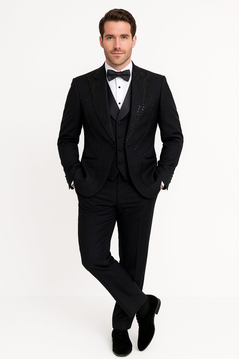 Modern fit black Italian wool tuxedo. 3-piece suit with a fitted jacket, beaded lapels, matching vest, and tailored trousers.