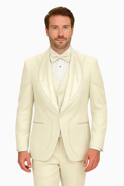 Alberto Nardoni off-white Italian wool 3-piece tuxedo. Modern fit, single-breasted jacket with notched lapel, vest, and straight trousers. Decorative stitching, smooth fabric, sleek silhouette.