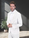 Statement mens 2 piece modern fit tuxedo features a white color with rhinestone detailing. The jacket has a peaked lapel adorned with rhinestones and fitted sleeves. The trousers match in fabric and color, creating a cohesive look without visible patterns.