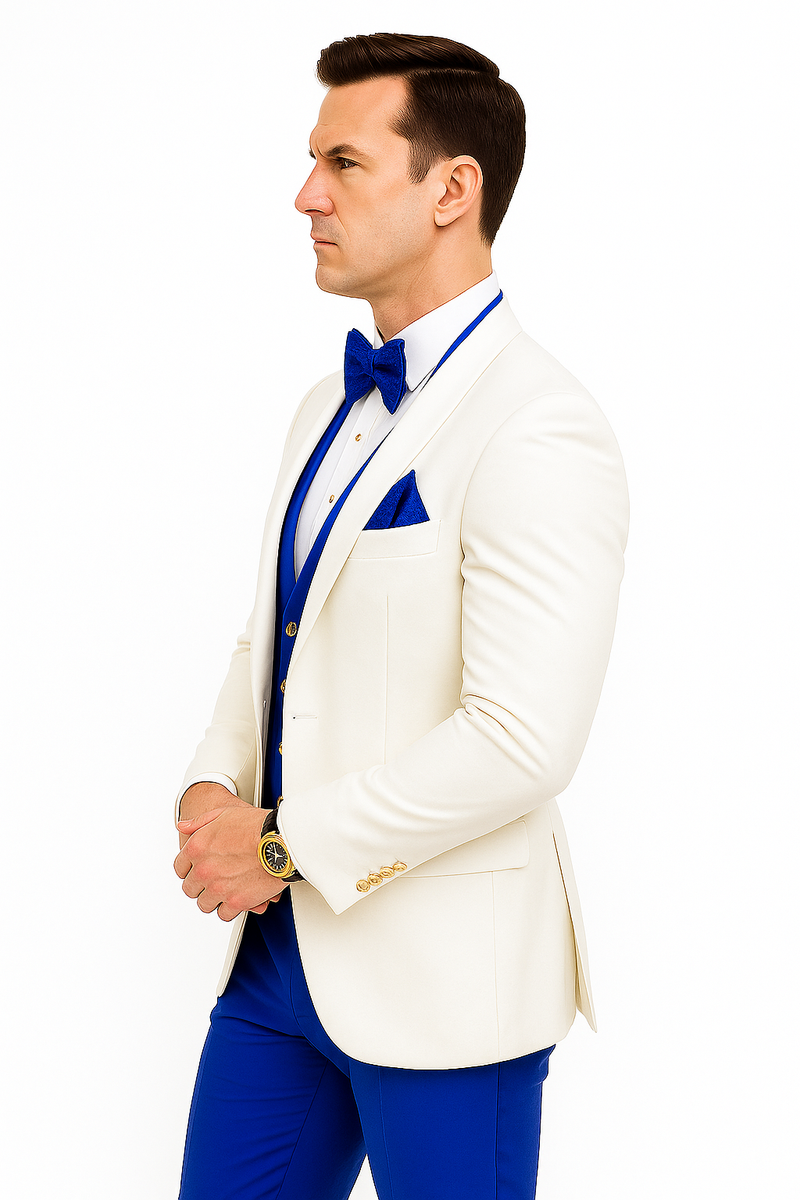 White and Royal Blue Wedding Suit – White Dinner Jacket, Vest, Pants & Bow Tie