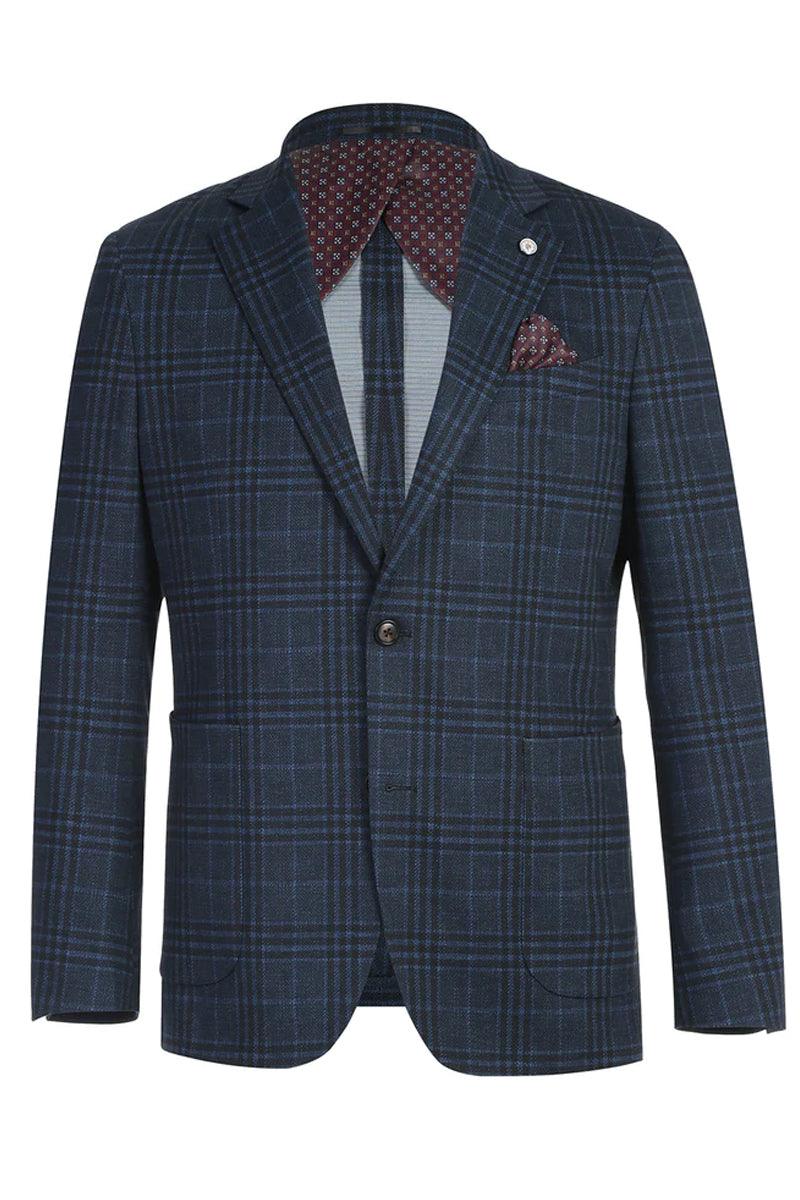 Men's slim fit blue-grey windowpane plaid blazer. Two-button closure, notched lapel, patch pockets, and maroon patterned lining. Tailored, structured fit with single-button lapel detail.